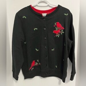 Vintage Shenanigans Cardinal Embroidered Button Front Sweatshirt Cardigan -Black